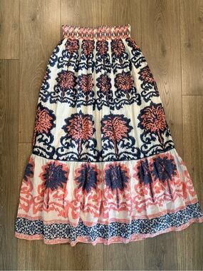 Ash & Eden Boho Floral Maxi Skirt Navy Coral Cottagecore Size S EUC